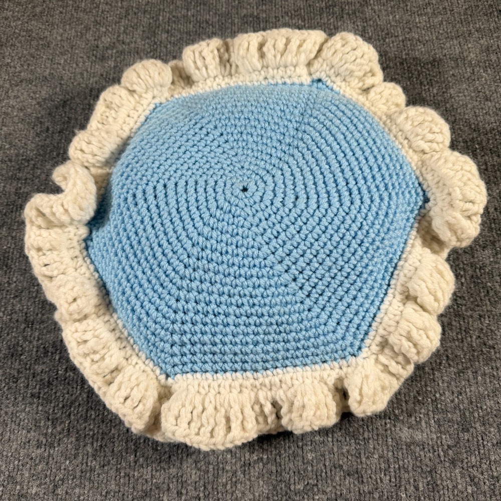 Grandmacore Crochet Round Throw Pillow Baby Blue Yarn Ruffle Handmade Vintage
